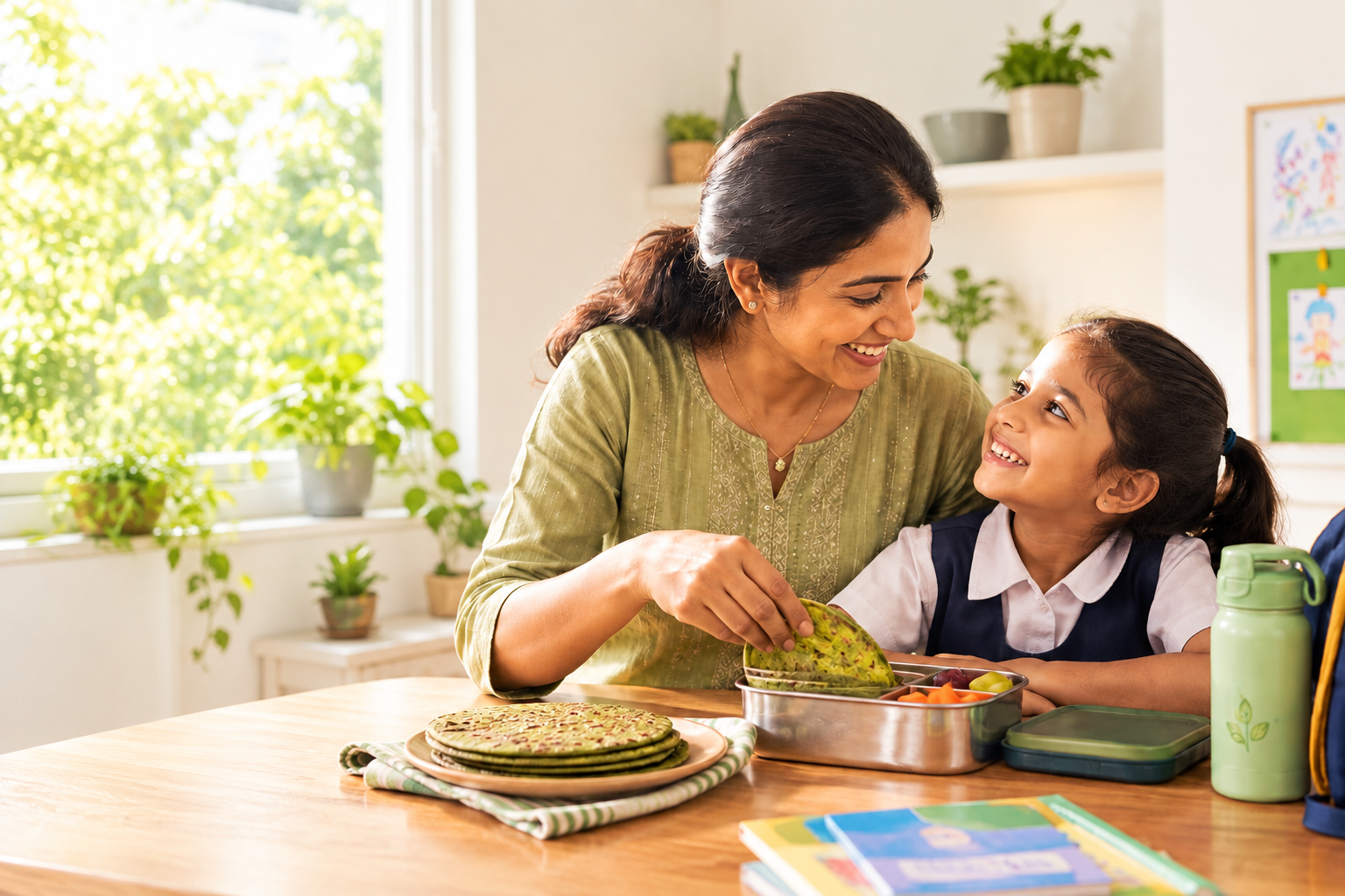 A mother and daughter sharing freshly made green chapatis in their kitchen