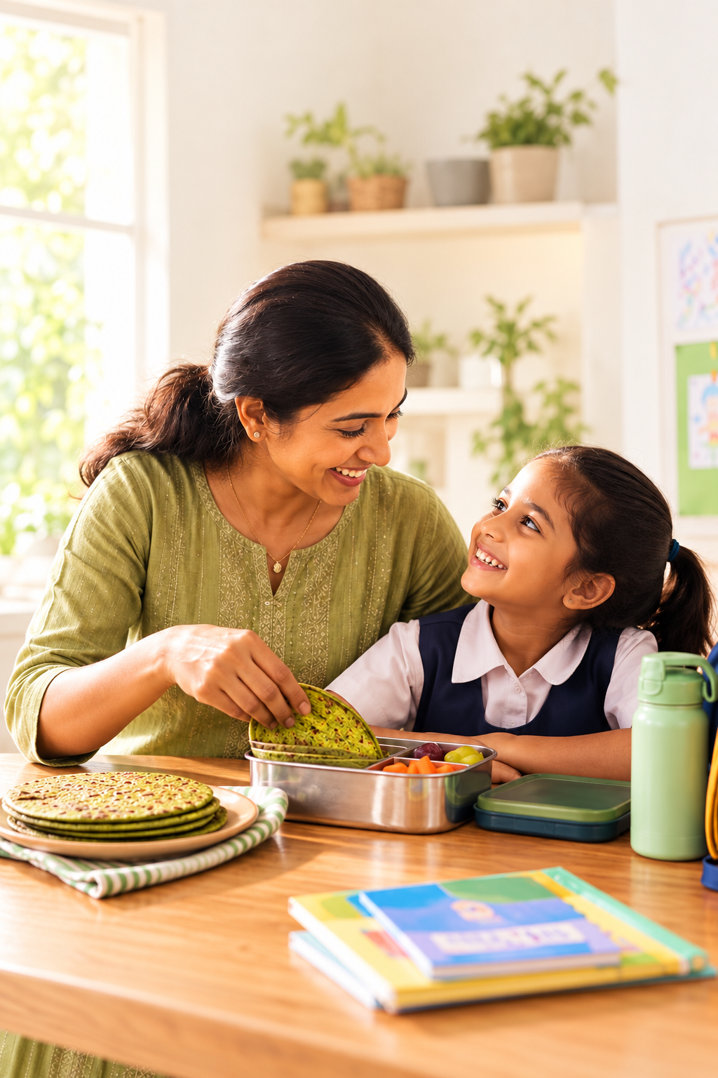 A mother packing a healthy green chapati lunch for her daughter